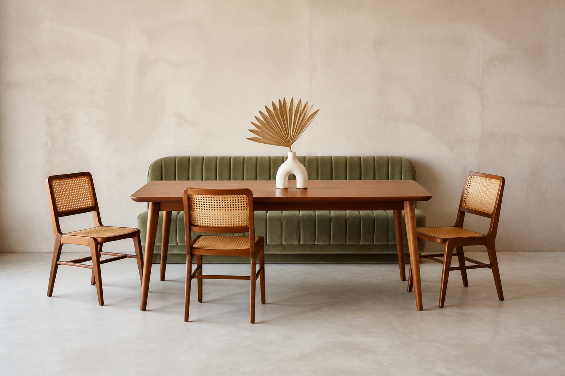 Solid wood dining table with cane chairs